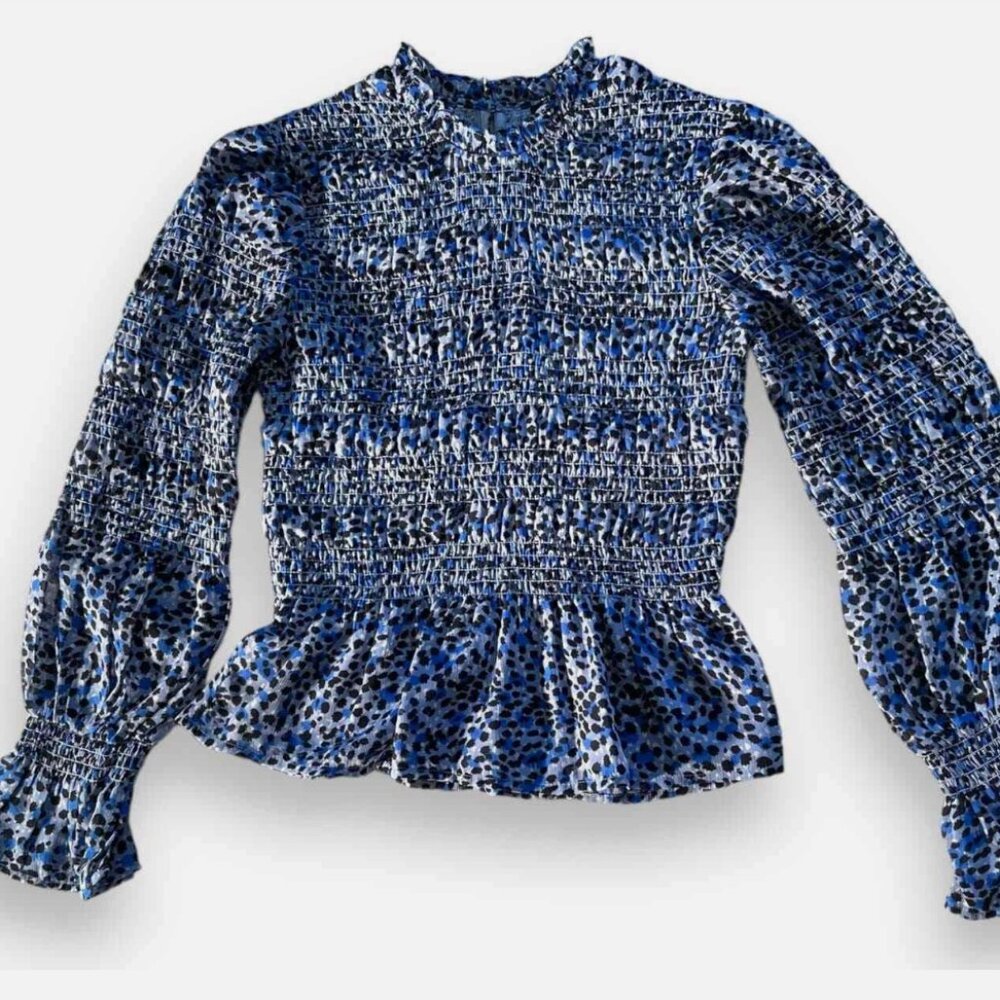 NWT Express Leopard Print Stretch Smocked Balloon Sleeve Women's Blue XL